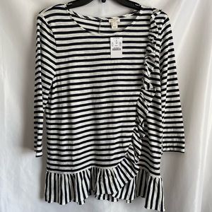 J. Crew Womens Asymmetrical Striped Ruffle 3/4 Sleeve Top Medium White Navy Blue